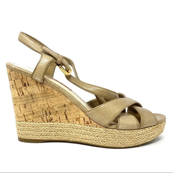 Prada Women’s Size 36.5 Wedges Cork Natural Woven Tan Strappy Sandals Heels - Picture 1 of 5